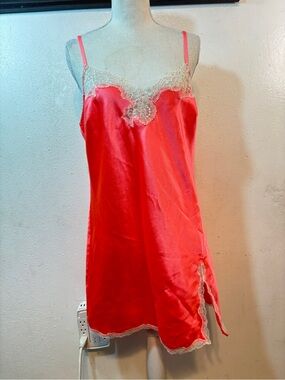 Victoria's Secret Coral Pink Satin Slip with Cream Lace